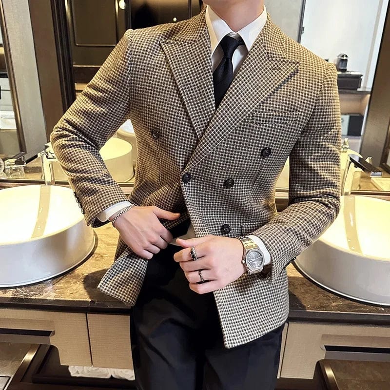 Coffee / Asian M 50-58KG / CHINA British Style Men Double Breasted Slim Fit Blazer 2023 New Houndstooth Slim Fit Suit Jacket Formal Business Wedding Dress Jacket