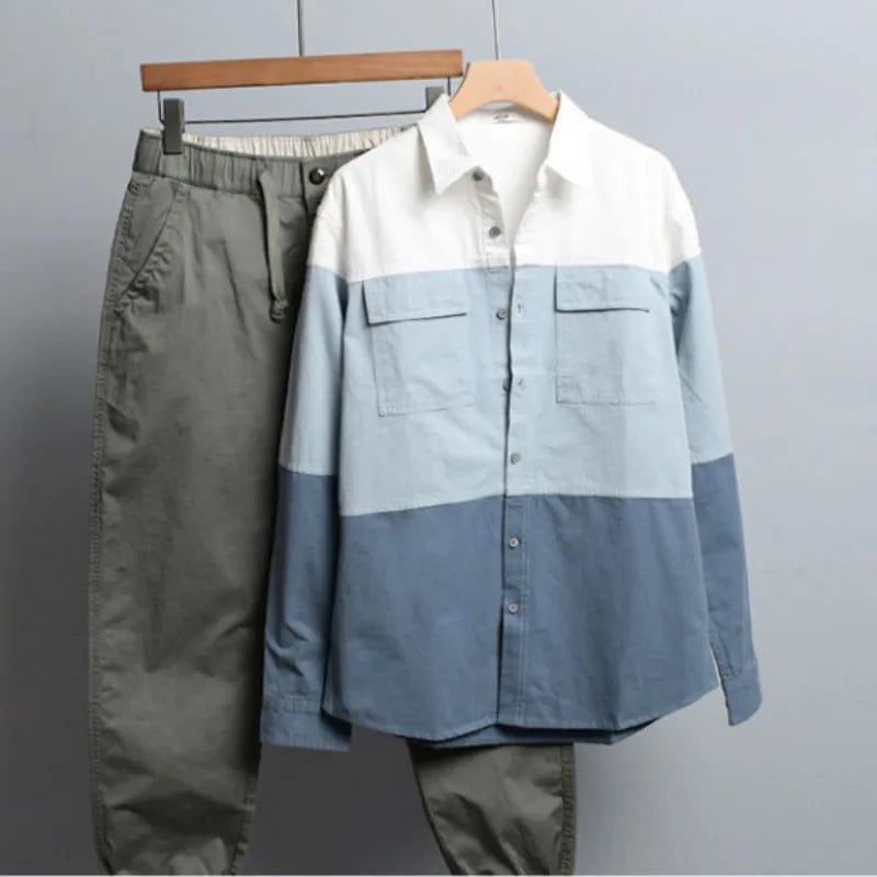 Contrast Color Patchworked Shirt Men Clothing Cotton Long Sleeve Spring Autumn Retro Cargo Casual Wear Pockets Fashion Loose