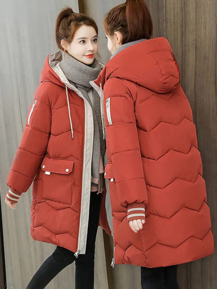 CORAL RED / S 2023 Winter Women Jacket Coats Long Parkas Female Down Cotton Hooded Overcoat Thick Warm Jackets Windproof Casual Student Coat