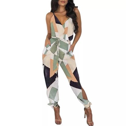 D / S 2021 Autumn Women Casual Sleeveless V-Neck Jumpsuits Ladies Boho Floral Bodysuit Loose Long Pencil Side Slit Pants Plus Size