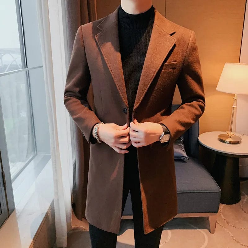 Dark Brown / Asia M 52-57kg Suit Collar Medium - Length Woolen Coat/ High Quality Men's New Autumn Winter Solid Color Slim Fit Business Casual Warm Overcoat