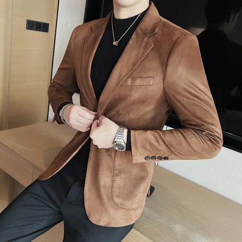 dark brown / Asian size 50-57KG British Style Suede Men Blazers Thick Warm Business Casual Suit Jacket Office Social Dress Coat Wedding Groom Blazer Masculino