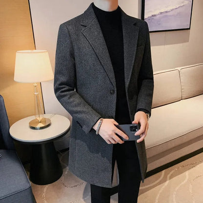 Dark Gray / Asia XL 64-69kg Suit Collar Medium - Length Woolen Coat/ High Quality Men's New Autumn Winter Solid Color Slim Fit Business Casual Warm Overcoat