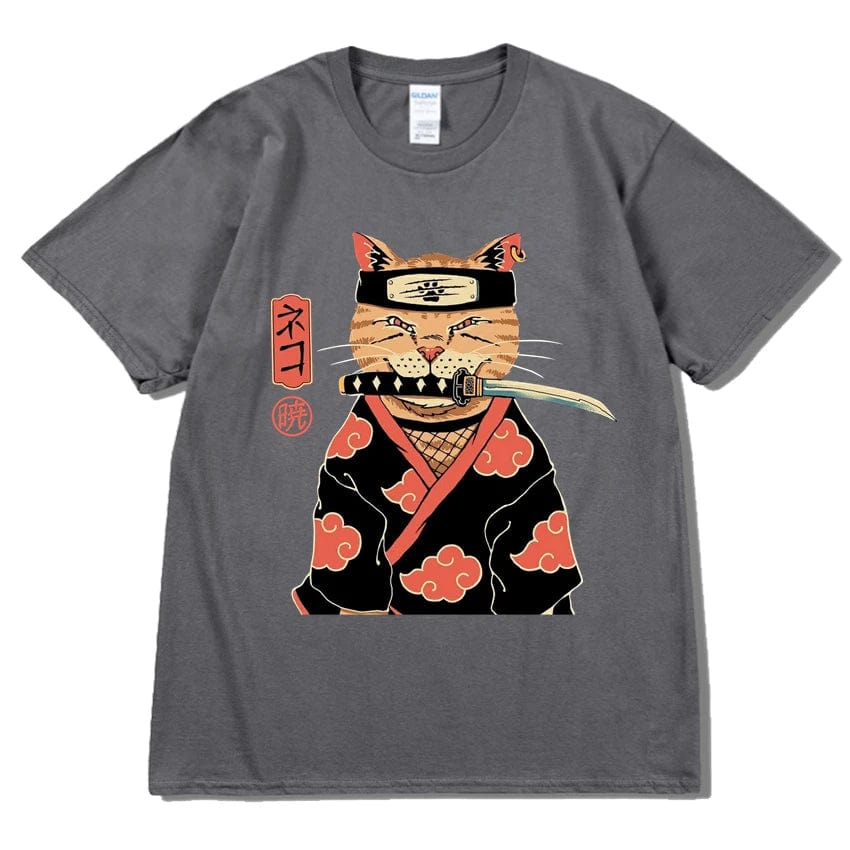 Dark Gray / S Hip Hop Streetwear Japanese Kanji Harajuku Funny Warrior Cat T-Shirt Summer Short Sleeve Tops Tees Cotton Print Loose Tshirt