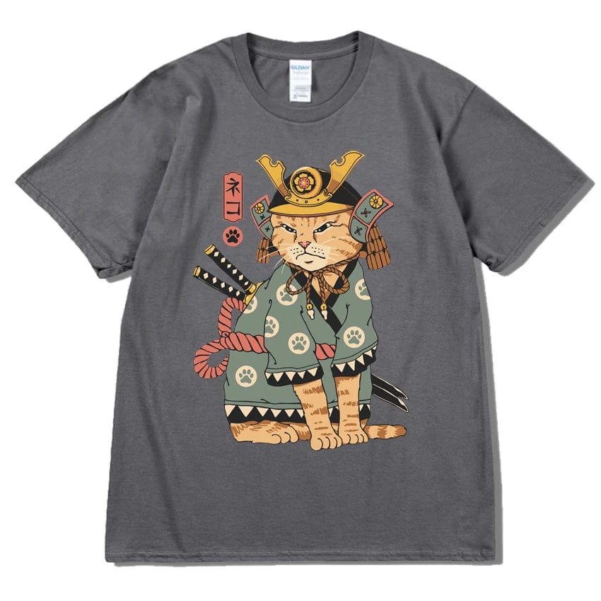 Dark Gray / S Men Hip Hop T Shirt Streetwear Japanese Kanji Harajuku Funny Warrior Cat T-Shirt Summer Short Sleeve Tee Cotton Print Swag shirt