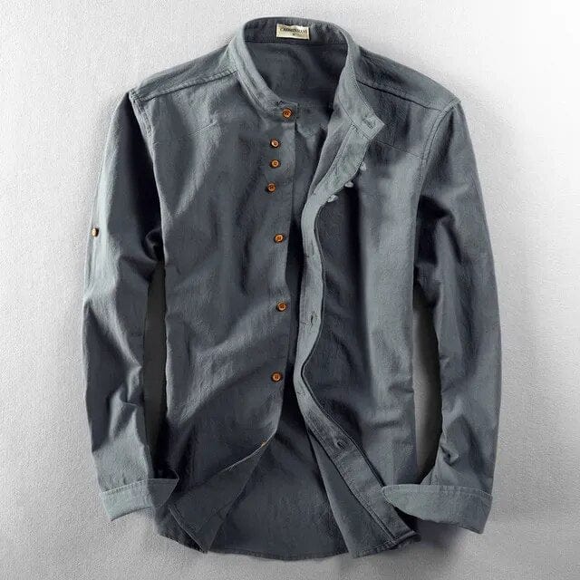dark gray / XS Japanese-Inspired Cotton Linen Shirt for Men: Effortlessly Stylish, Slim Fit, and Casual Elegance with Stand Collar and Single-Breasted Design.