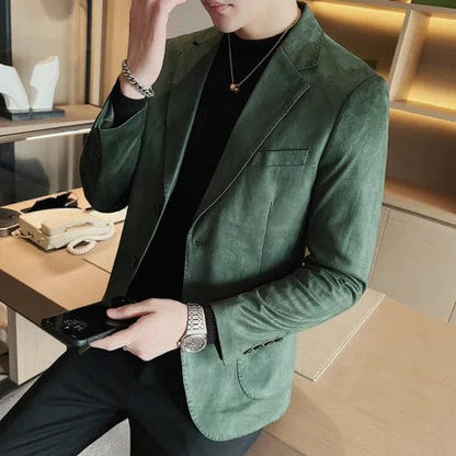 Dark green / Asian size 50-57KG British Style Suede Men Blazers Thick Warm Business Casual Suit Jacket Office Social Dress Coat Wedding Groom Blazer Masculino