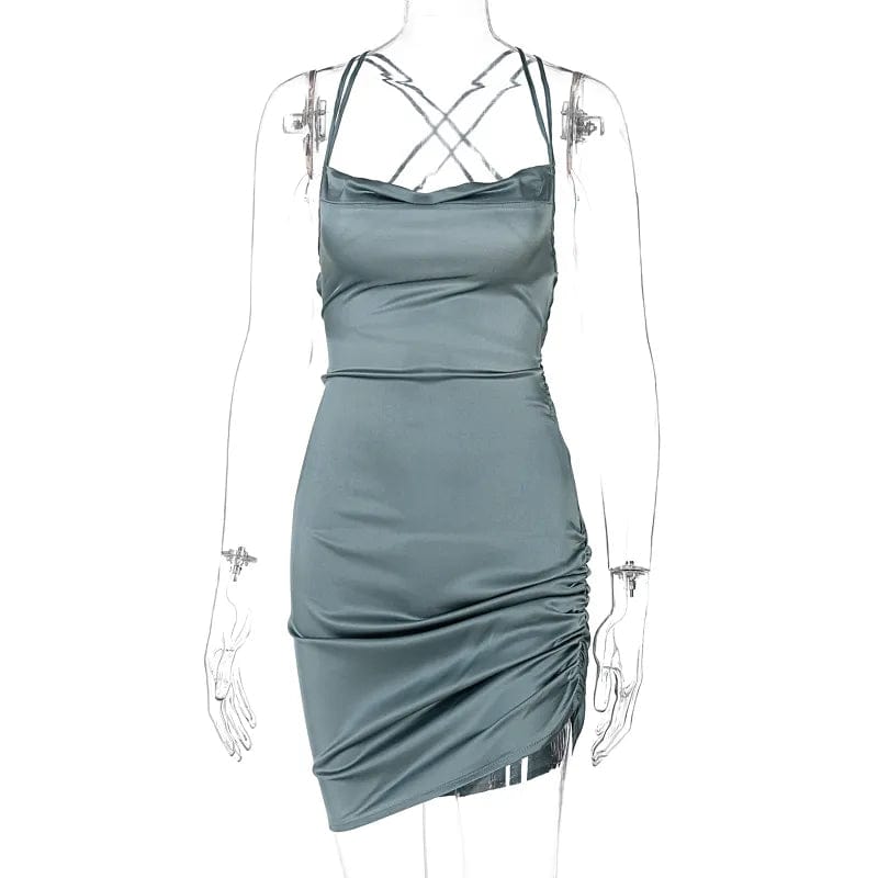 Dark green / S Sultry Elegance: Dulzura Satin Mini Dress with Ruched Lace-Up Cross Bandage, Backless Bodycon