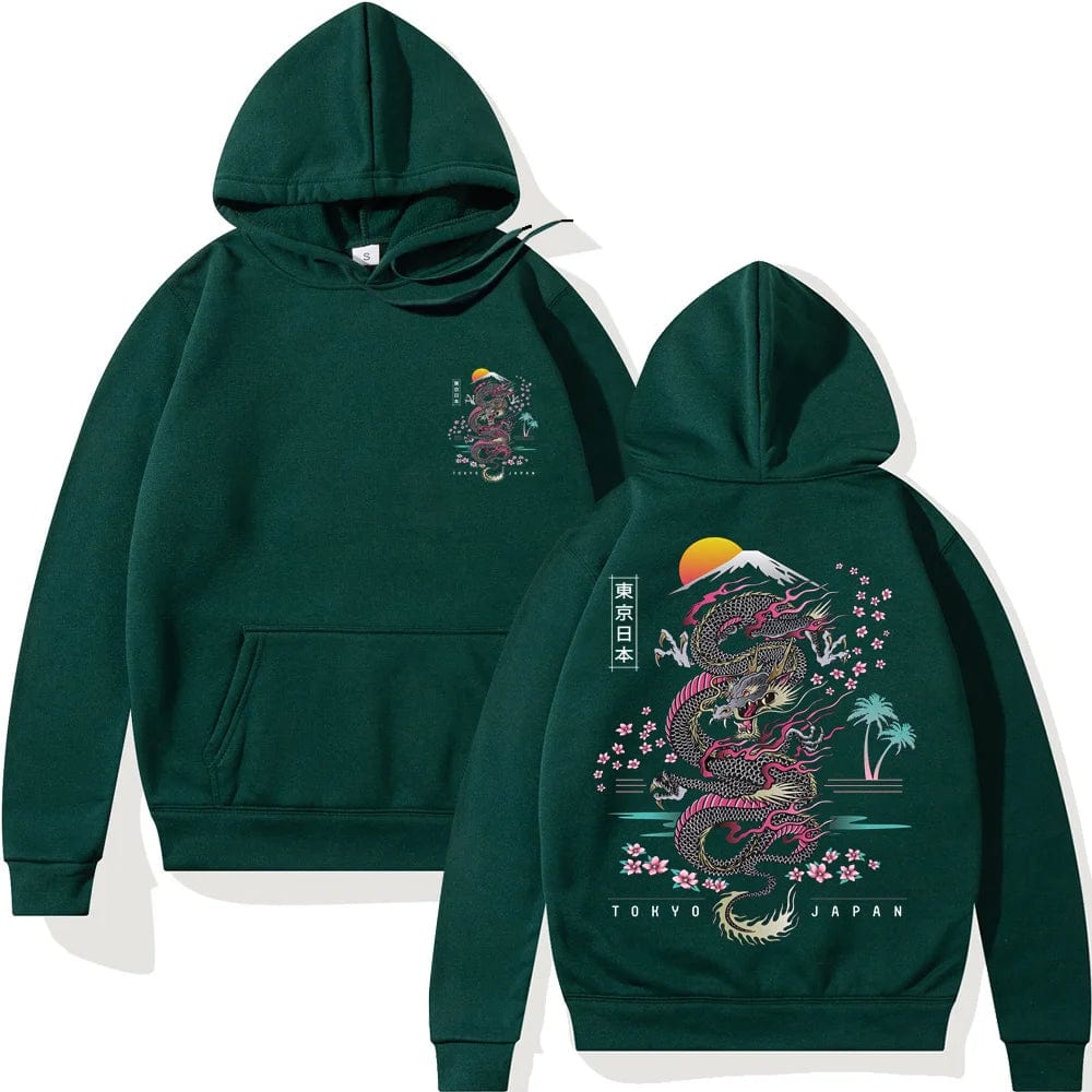 Dark Green / XS Japanese Dragon Anime Hoodie Casual Oversized Loose Hip Hop Harajuku Pullover Streetwear Hoody