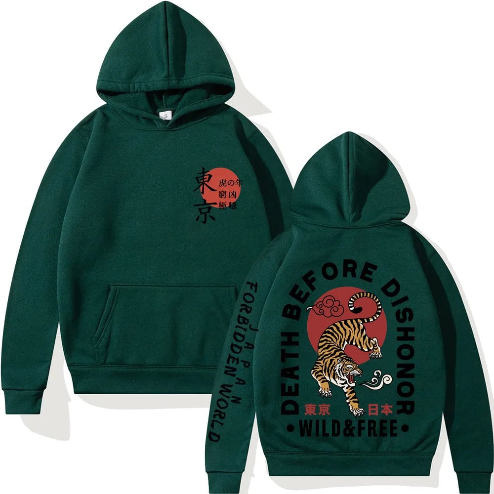 Dark Green / X SMAL Japanese Tiger Tokyo Hoodie Hip Hop Sweatshirts Harajuku Long Sleeve Pullover Loose Streetwear