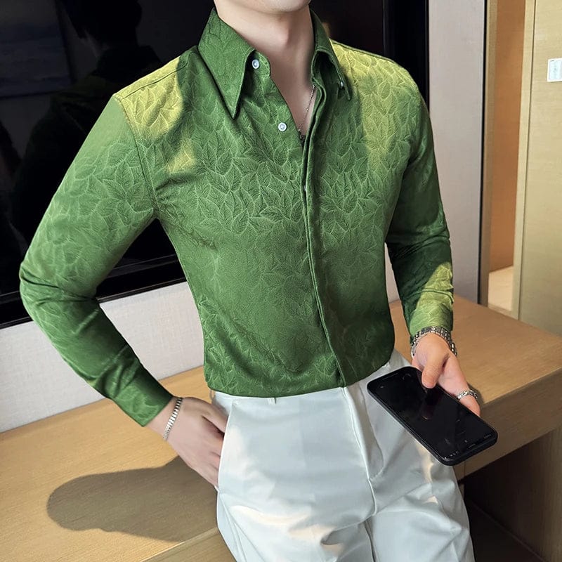 Dark Green / XS Men's Luxury Jacquard Slim Fit Long Sleeve Shirt – High-Quality Hidden Button Formal Business & Party Wear