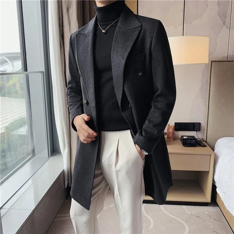 Dark Grey / Asia S (41-44kg) Luxury Stylish Men's High Quality Double-Breasted Woolen Slim Fit Long Business Suit Jacket