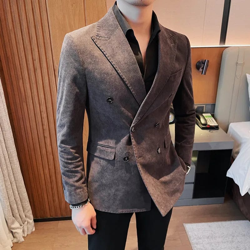 Dark Grey / Asian L  58-63KG Plus Size 4XL-M Double Breasted Corduroy Blazer Jackets For Men Clothing 2023 Business Slim Fit Casual Striped Suit Coats Formal