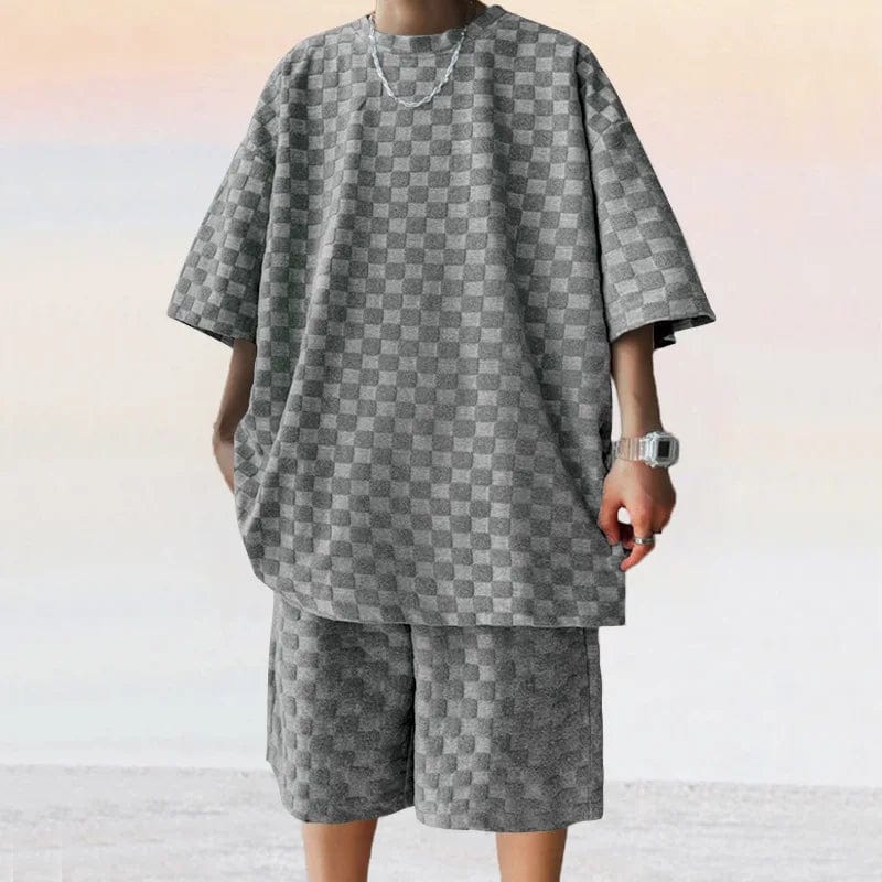 dark grey / S Men's Sports Suit Summer New Korean High Street Jacquard Plaid T-shirt Shorts Two-piece Set Male Casual Retro Loose O-neck Top
