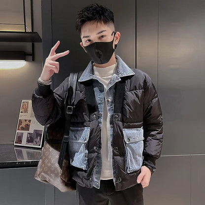 Denim Chic: Men's Fashion Patchwork Jacket with Warm Cotton Blend