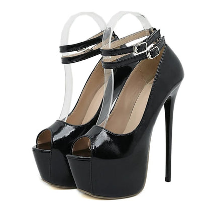 Double Buckle Strap Platform Sandals for Women Sexy Peep Toe 16.5CM Super High Heels