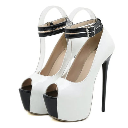 Double Buckle Strap Platform Sandals for Women Sexy Peep Toe 16.5CM Super High Heels