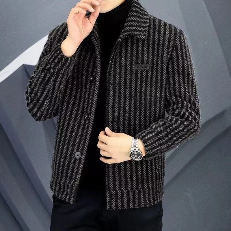 Effortlessly Stylish: Men's Lapel Print Stripe Loose Top Jacket - New Fashion Casual Coat with Simple Cropped Buttons