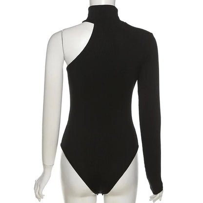 Elegance Redefined: One Shoulder Knitted Bodysuit with Turtleneck - Chic Black Ladies Skinny Bodysuit