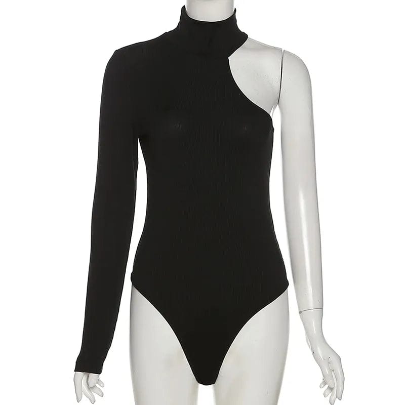 Elegance Redefined: One Shoulder Knitted Bodysuit with Turtleneck - Chic Black Ladies Skinny Bodysuit