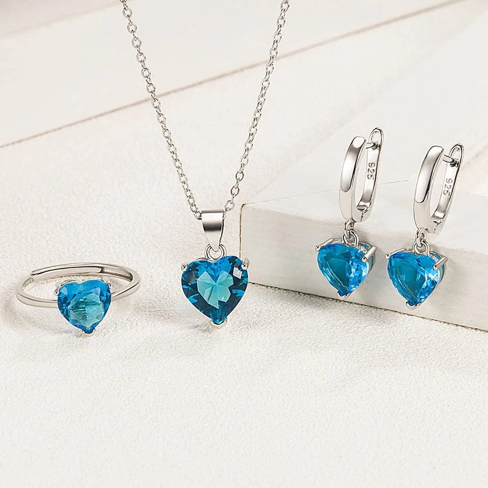 Elegant 925 Sterling Silver Jewelry Sets For Women Heart Zircon Ring Earrings Necklace