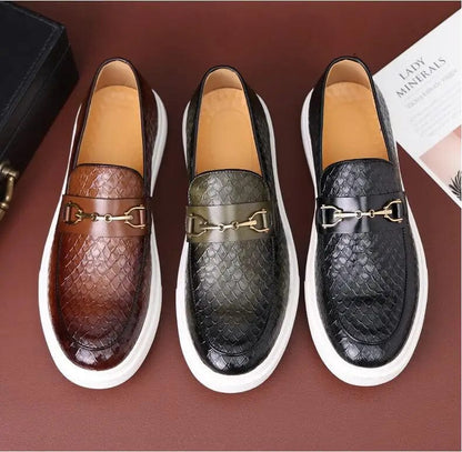 Embossed Leather Buckle Loafers: Luxury Men's Casual Slip-on Flats