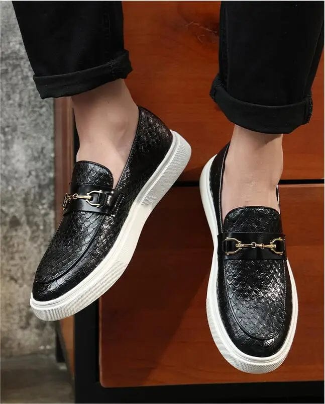 Embossed Leather Buckle Loafers: Luxury Men's Casual Slip-on Flats