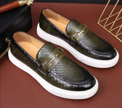 Embossed Leather Buckle Loafers: Luxury Men's Casual Slip-on Flats