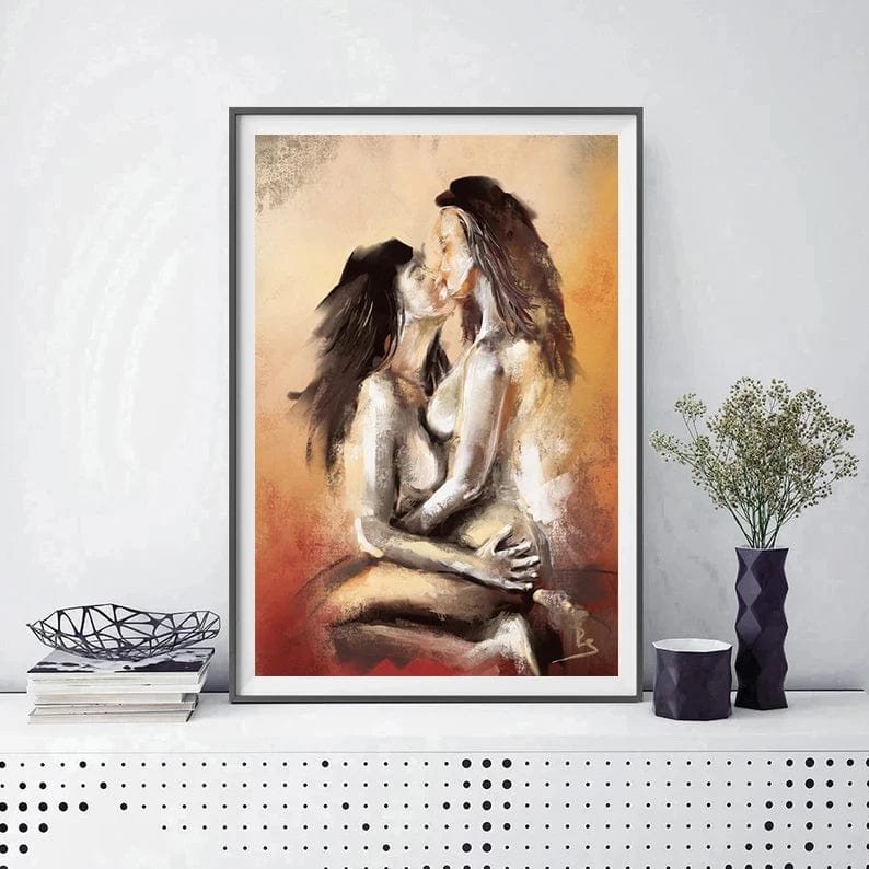 Erotic Nude Lovers Embracing Artwork: Canvas Painting Print Wall Art for Bar Club Hotel Home Decor