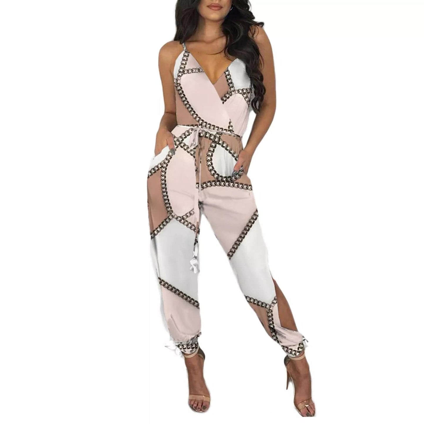 F / S 2021 Autumn Women Casual Sleeveless V-Neck Jumpsuits Ladies Boho Floral Bodysuit Loose Long Pencil Side Slit Pants Plus Size