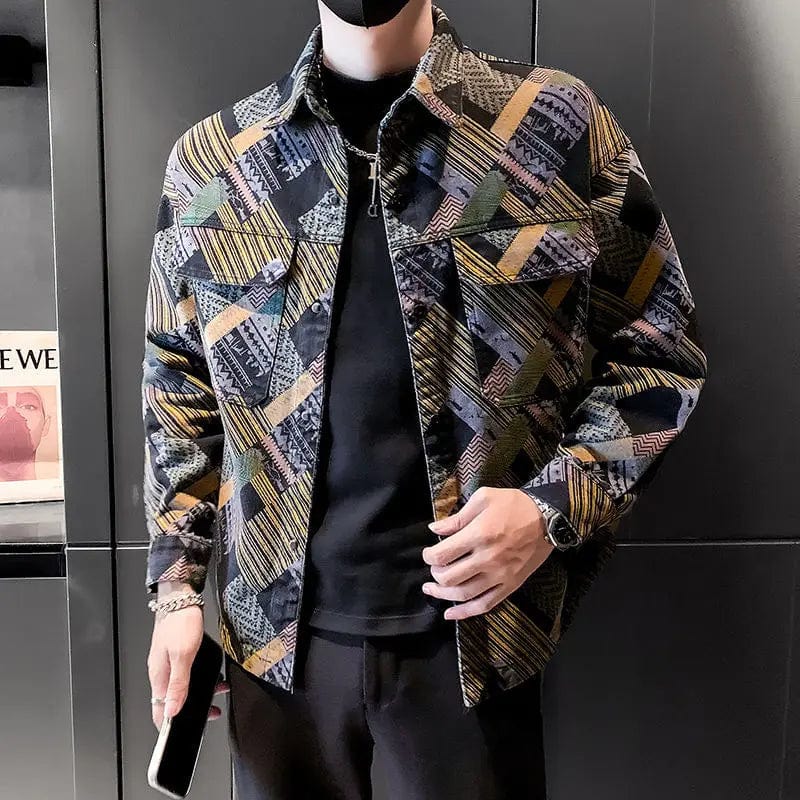 Fashion Lapel Pockets Color Printed Geometric Coats Men's Clothing 2024 Autumn Winter New Loose Punk Denim Tops Casual Jackets