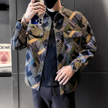 Fashion Lapel Pockets Color Printed Geometric Coats Men's Clothing 2024 Autumn Winter New Loose Punk Denim Tops Casual Jackets