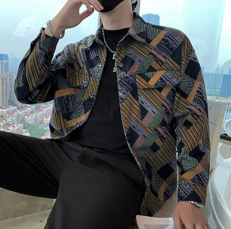 Fashion Lapel Pockets Color Printed Geometric Coats Men's Clothing 2024 Autumn Winter New Loose Punk Denim Tops Casual Jackets