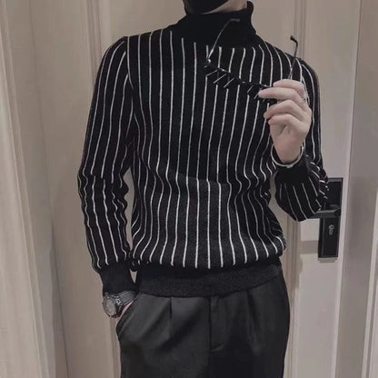Fashion Printed Knitted Spliced Korean Turtleneck Striped Sweater Men Clothing 2022 Autumn New Loose Casual Pullovers Warm Tops