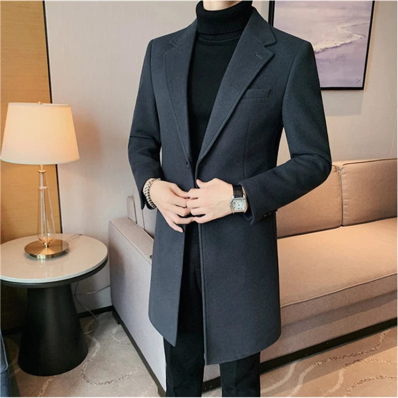 Fog Blue / Asia M 52-57kg Suit Collar Medium - Length Woolen Coat/ High Quality Men's New Autumn Winter Solid Color Slim Fit Business Casual Warm Overcoat