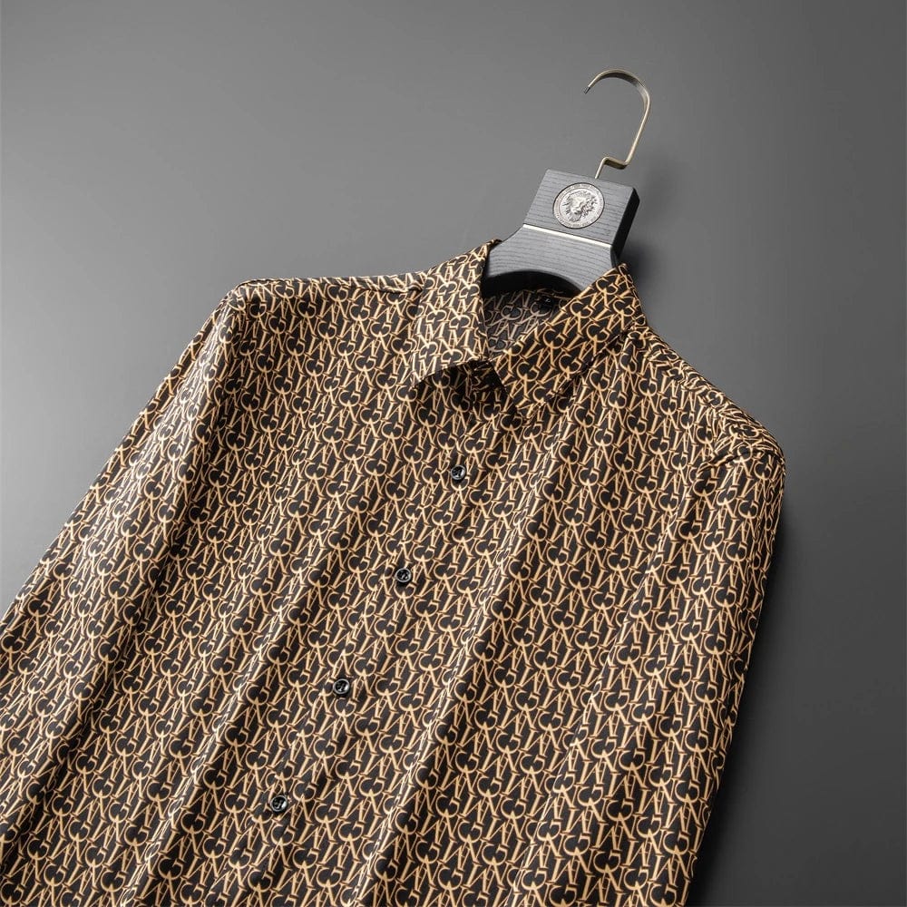 Gold And Black Letter Print Shirt Men Long Sleeve Business Casual