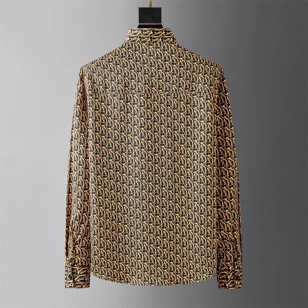 Gold And Black Letter Print Shirt Men Long Sleeve Business Casual