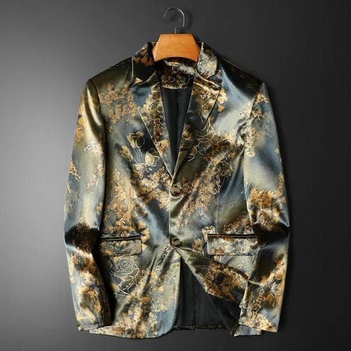 Gold / M Vintage Flower Velvet Men Blazers Luxury Casual Slim Fit Suit Jacket Business Social Office Dress Coat Street Wear Men Clothing