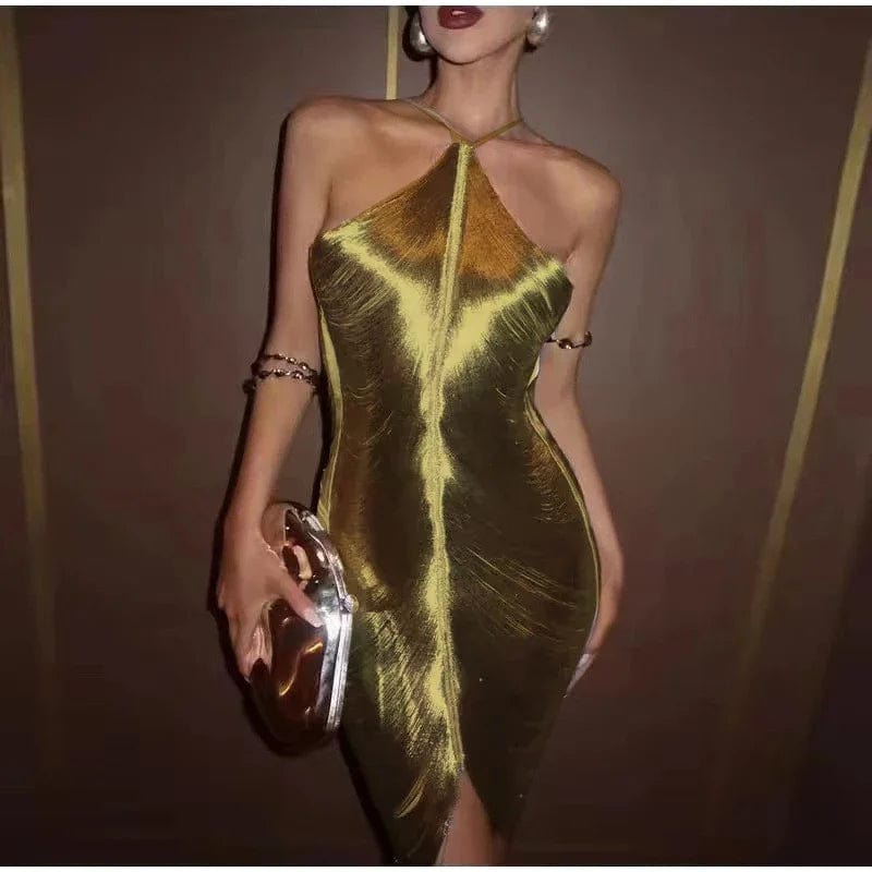 Gold / S Hanging Neck Metallic Short Dress: Women's Off-Shoulder Backless Shiny Elegance for Evening Party