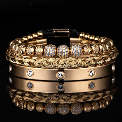 Gold Set 3pcs Luxury Micro Pave CZ Round Beads Royal Charm Men Bracelets Stainless Steel Crystals Bangles Couple Handmade Jewelry Gift