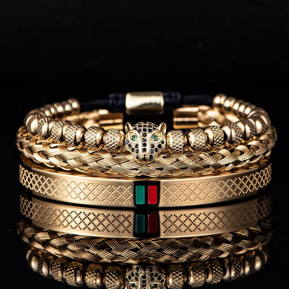 Gold Set A Handcrafted Luxury Braided Stainless Steel Bracelet for Men - CZ Leopard Head with Green and Red Enamel Accents