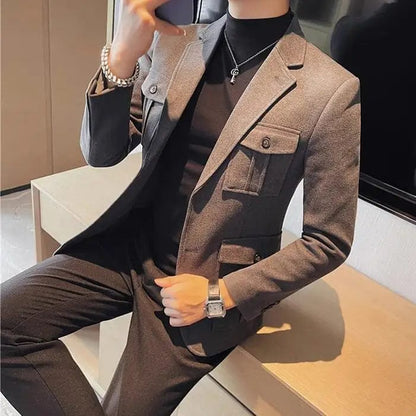 GRAY / Asia M(165cm-50kg) Men Keep Warm Winter Woolen Cloth Suit Jackets/Male Slim Fit High Quality Business Woolen Blazers/Man Pocket Decoration Tuxedo