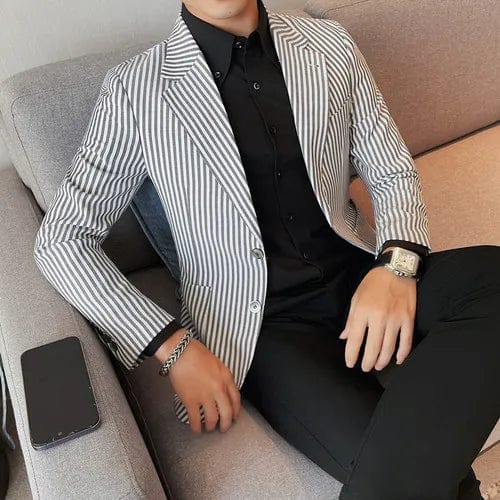 GRAY / Asia M 50-57KG High Quality Striped Slim Fit Suit Blazer Jacket for Men