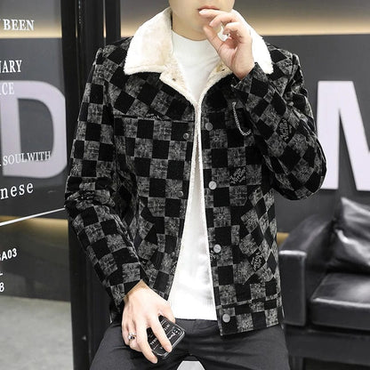GRAY / Asian size M 2022 Winter Corduroy Jacket Men Plus Velvet Warm Coats Fashion Plaid Casual Business Slim Social Jackets Streetwear Men Clothing