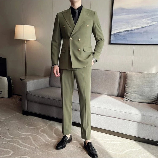 Green / 2XS (Jacket, Vest & Pants) Premium Men's Double-Breasted Three-Piece Suit: Blazer, Vest, and Trousers - Elegant Fashion, Business Casual, Formal Attire