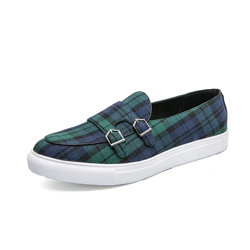 Green / 38 Loafers Men Shoes Canvas Plaid Classic Fashion Moccasin Man Party Outdoor Daily PU Double Buckle All-match Casual Shoes