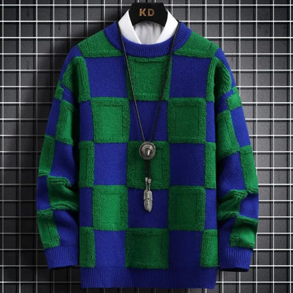 Green / Asia M(165cm-50kg) New Fall Winter Korean Style Mens Pullovers Sweaters High Quality Thick Warm Cashmere Sweater Men Luxury Plaid Pull Homme 2023