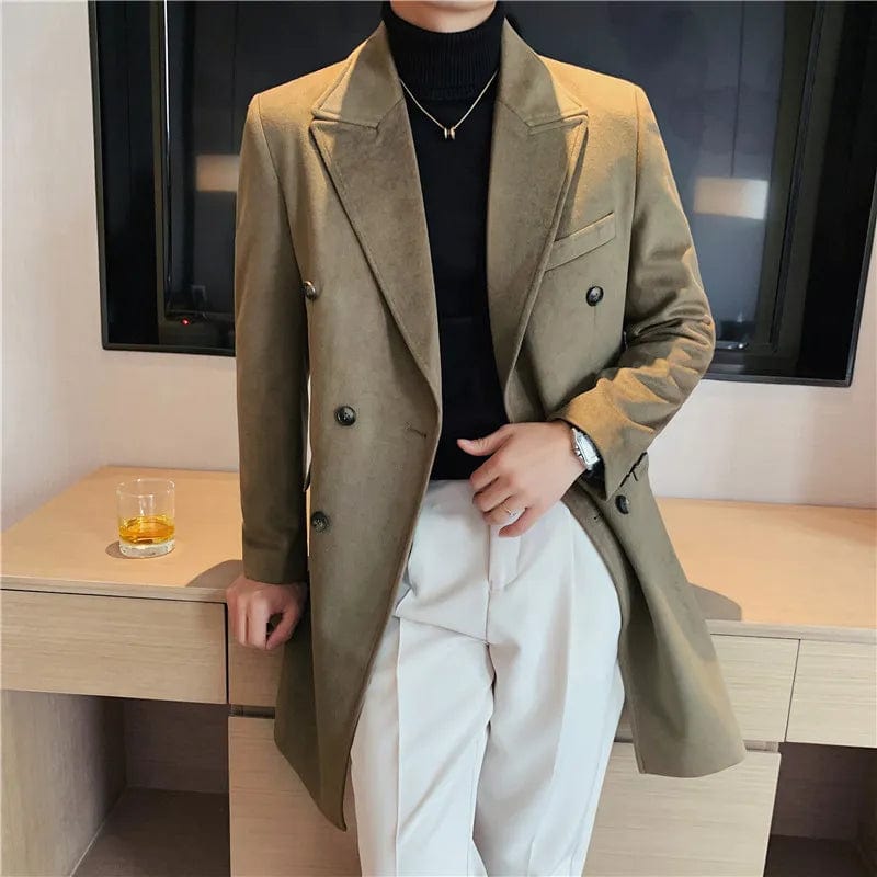 Green / Asia S (41-44kg) Luxury Stylish Men's High Quality Double-Breasted Woolen Slim Fit Long Business Suit Jacket