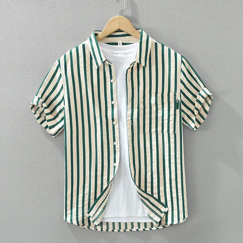 Green / Asian M (50-60 KG) 2024 Spring Summer New Simple Fresh Striped Short Sleeve Shirts Men Clothing Casual Cotton Thin Comfortable Streetwear CM8022
