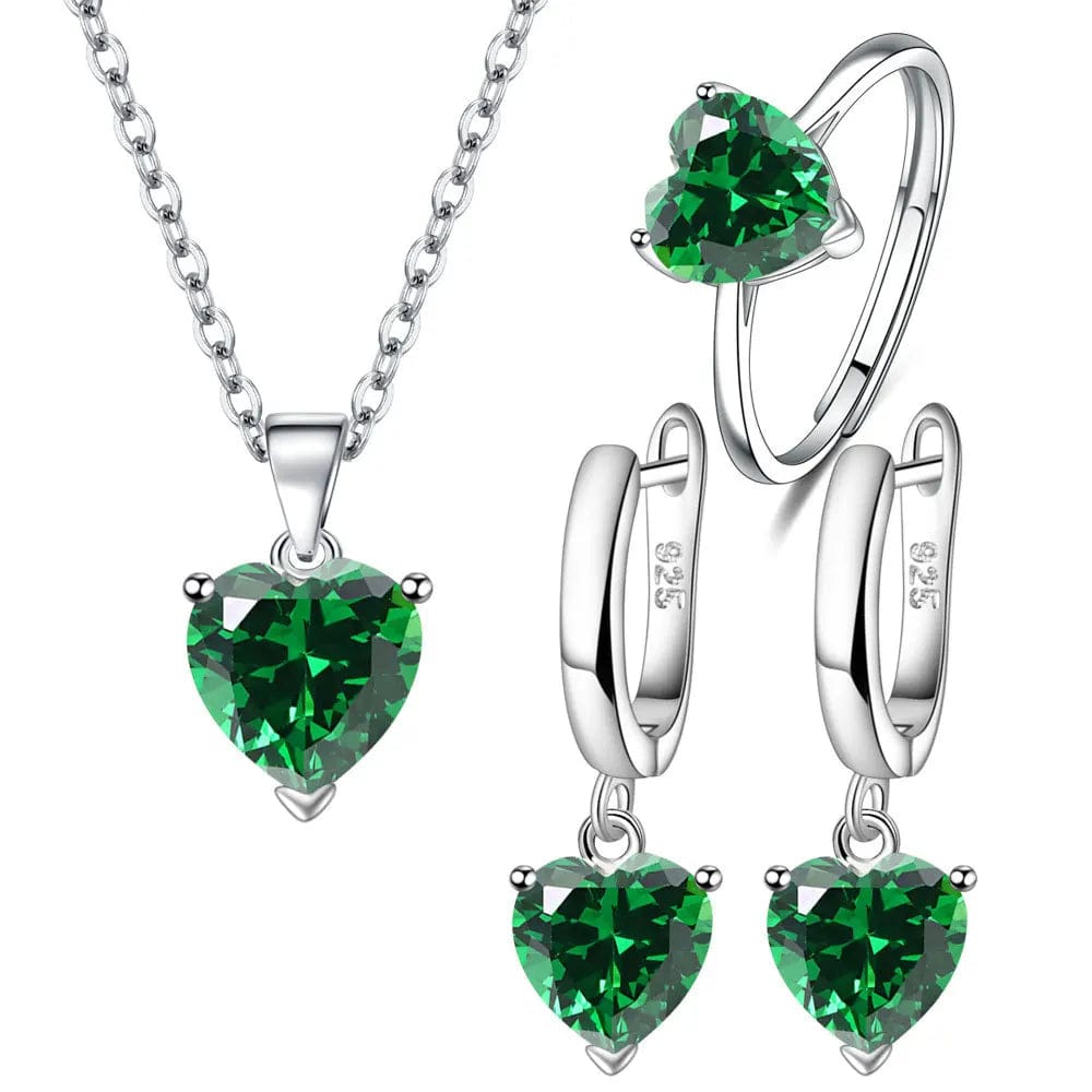 Green Elegant 925 Sterling Silver Jewelry Sets For Women Heart Zircon Ring Earrings Necklace